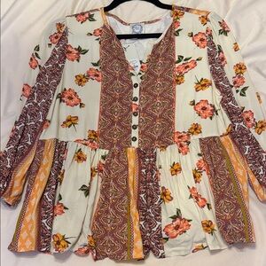 Blue Rain Floral Patchwork Blouse - Cream, Orange, Pink